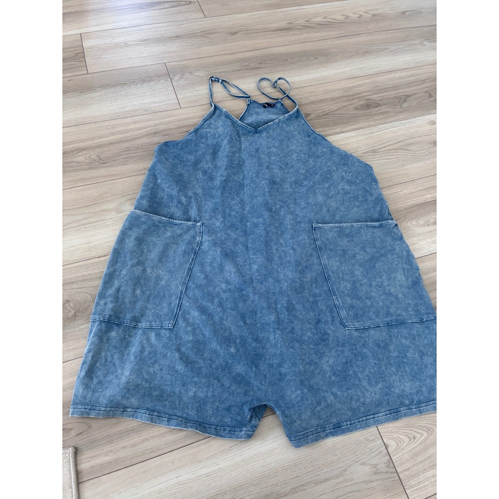 Automet Women Acid Wash Denim Romper XL Blue Sleeveless Overalls Jumpsuit